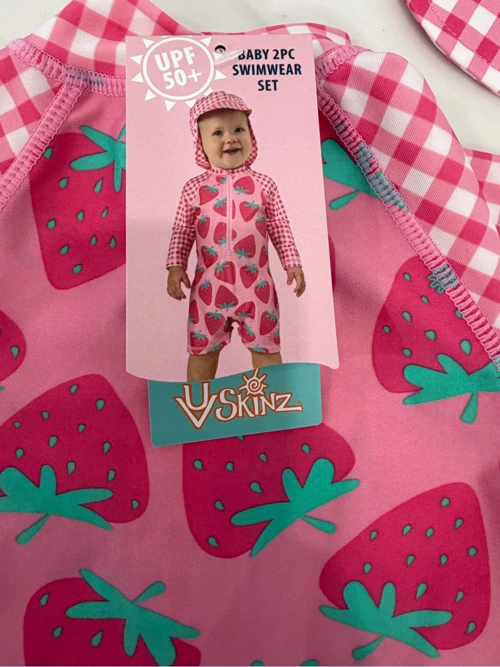 Skin Kids Pink Strawberry Rashguard Swimsuit with Gingham Sleeves and Hat